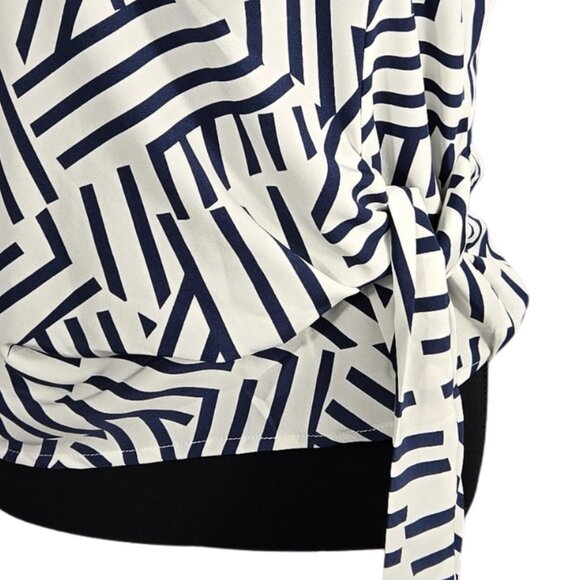 3/$25 NWOT | White Navy Blue Print Dolman Sleeve Side Tie Blouse | Medium - Picture 3 of 5